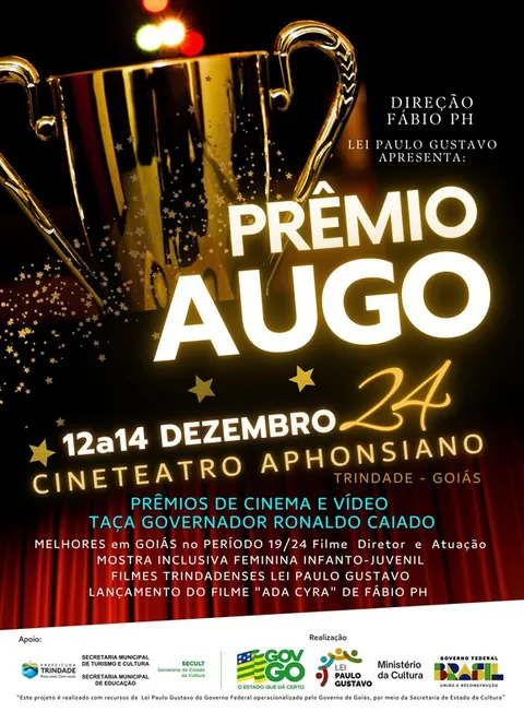 Cartaz do Prêmio AUGO, de 12 a 14 de dezembro de 2024 no Cineteatro Aphonsiano, em Trindade